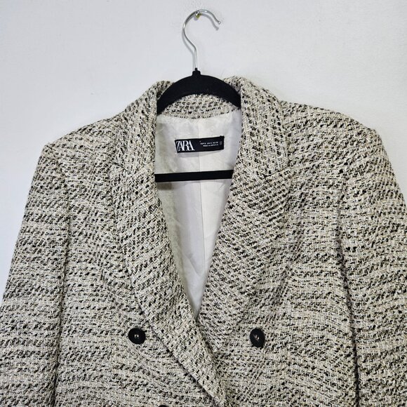 ZARA Double Breasted Tweed Blazer Jacket Sz S Neutral 2251/158 - Picture 4 of 13